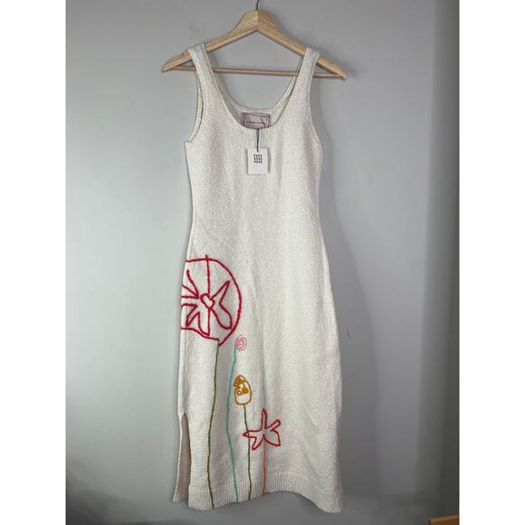 NWT Lingua Franca Jane St. Garden Hand-Embroidered Slim Fit Midi Dress Cream - Picture 2 of 8